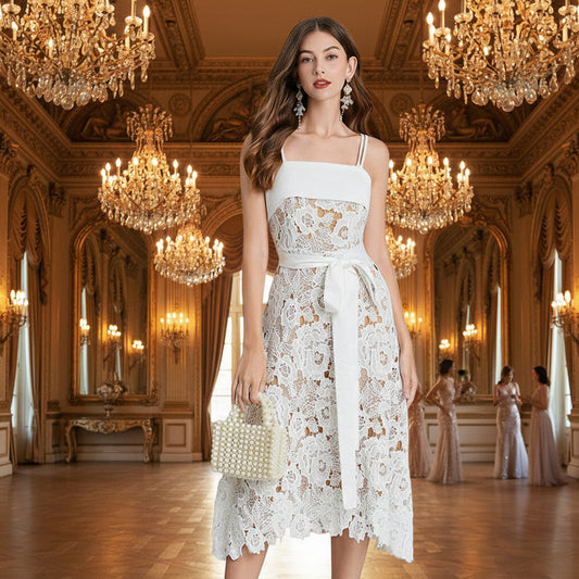 White lace embroidery hollow-out maxi dress with waist tie for holiday parties

