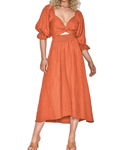 V-neck three-quarter sleeve midi dress in red – full length front view, reversible wearable occasion dress