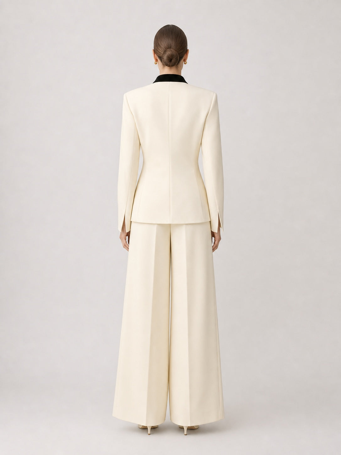 Cream 2 Piece Suit Black Scarf Lapel Blazer & Wide Leg Pants – view 2