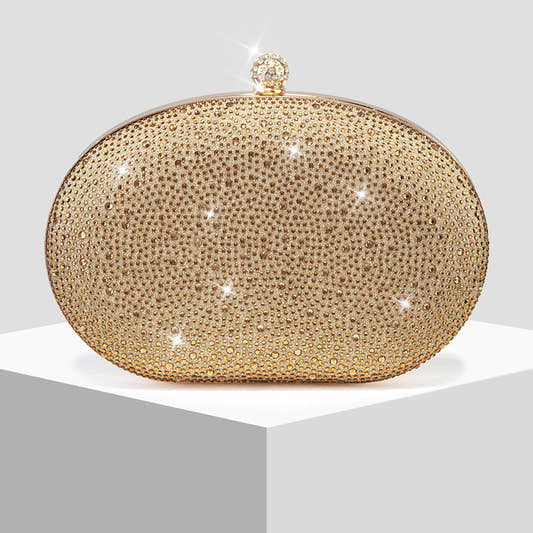 New Shiny Rhinestone Oval Evening Clutch in Gold