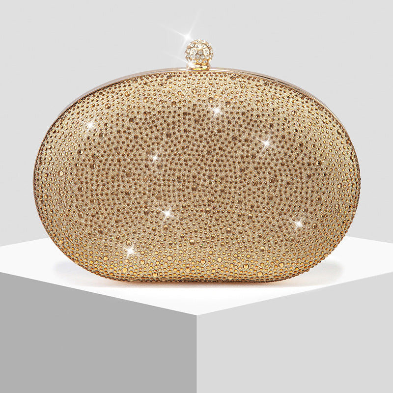 New Shiny Rhinestone Oval Evening Clutch in Gold