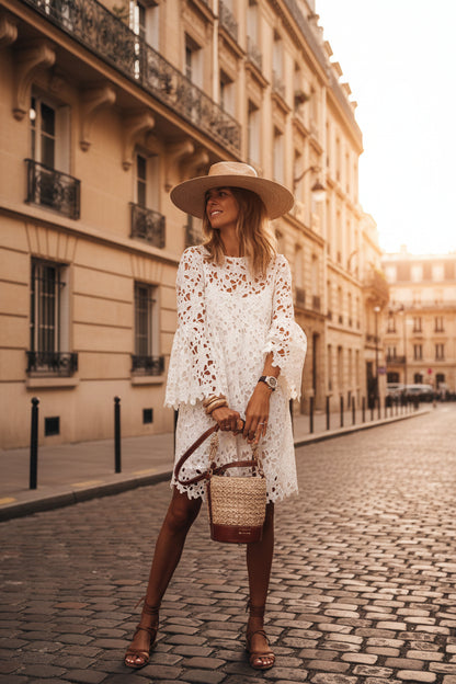 White lace ruffle dress with round neck and flared trumpet sleeves - front view
