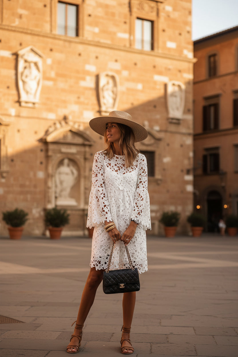 White lace ruffle dress - styled with a rattan hat 