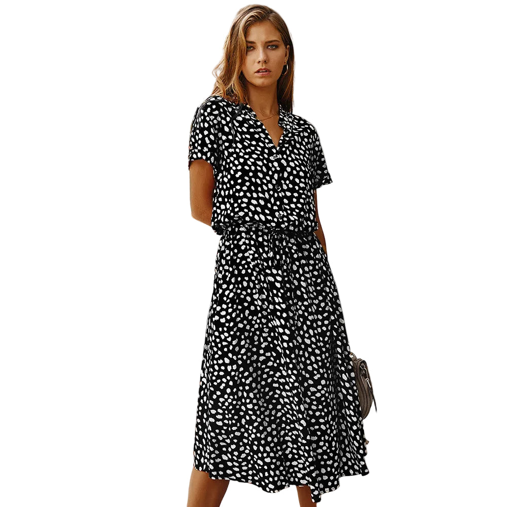 Classic polka dot dress featuring button-front closure and high-waist silhouette

