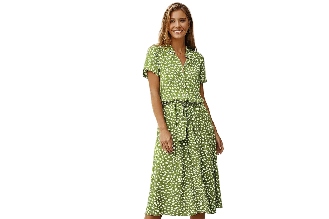 Polka dot midi dress in shirt style with buttons and high-waist design

