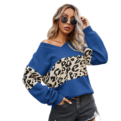 Leopard print colorblock top in blue  – women's casual long sleeve knit pullover
