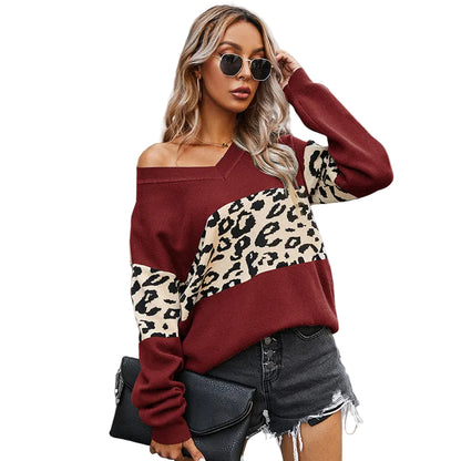 Leopard print color block pullover top – women's long sleeve V-neck sweater
