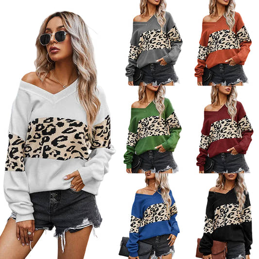 Woman wearing a white off-shoulder sweater with leopard print sleeves, surrounded by multiple views of the same outfit.