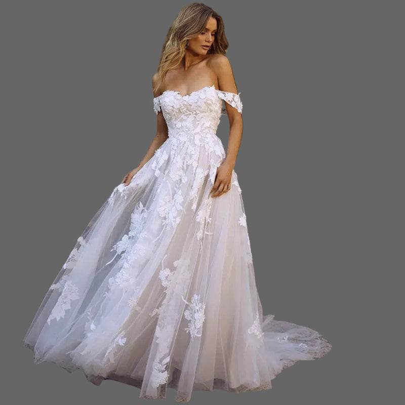 A-line lace wedding dress appliques close-up detail luxury bridal fashion
