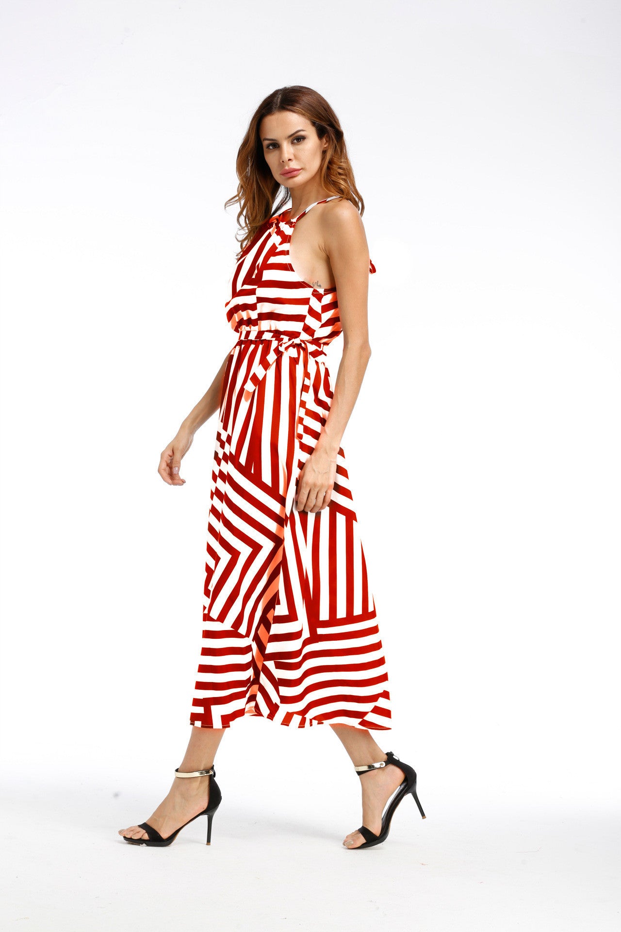 printed swing maxi dress flattering sling neckline
