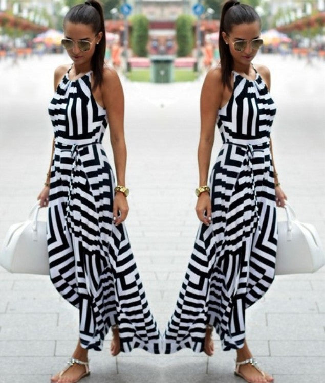 sling neckline swing skirt maxi dress bold print
