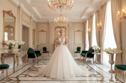 Women's backless chiffon wedding dress with train in white and ivory

