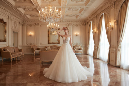 Elegant sling neckline backless bridal gown with sweeping chiffon skirt
