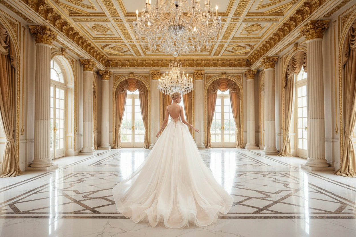 Women's sleeveless open back bridal gown with flowing chiffon train
