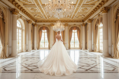 Women's sleeveless open back bridal gown with flowing chiffon train
