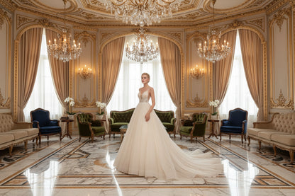 Backless chiffon wedding dress with long train in ivory white sleeveless sling style

