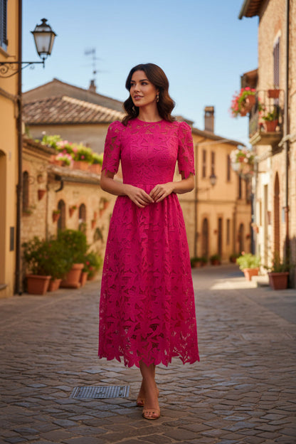 pink  puff sleeve lace patchwork midi dress with short sleeves

