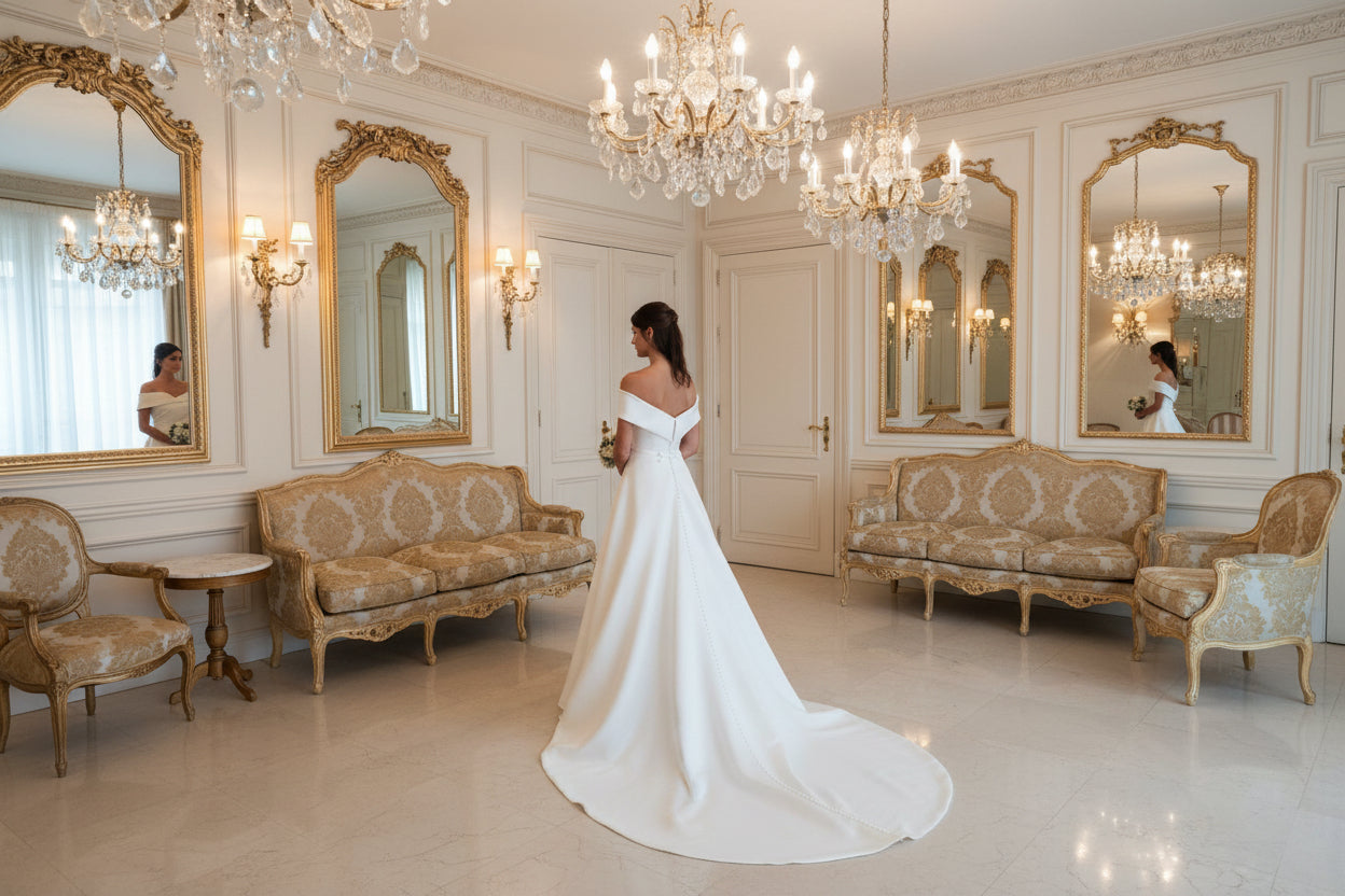 Woman in a white off-shoulder dress standing in a room with a large mirror