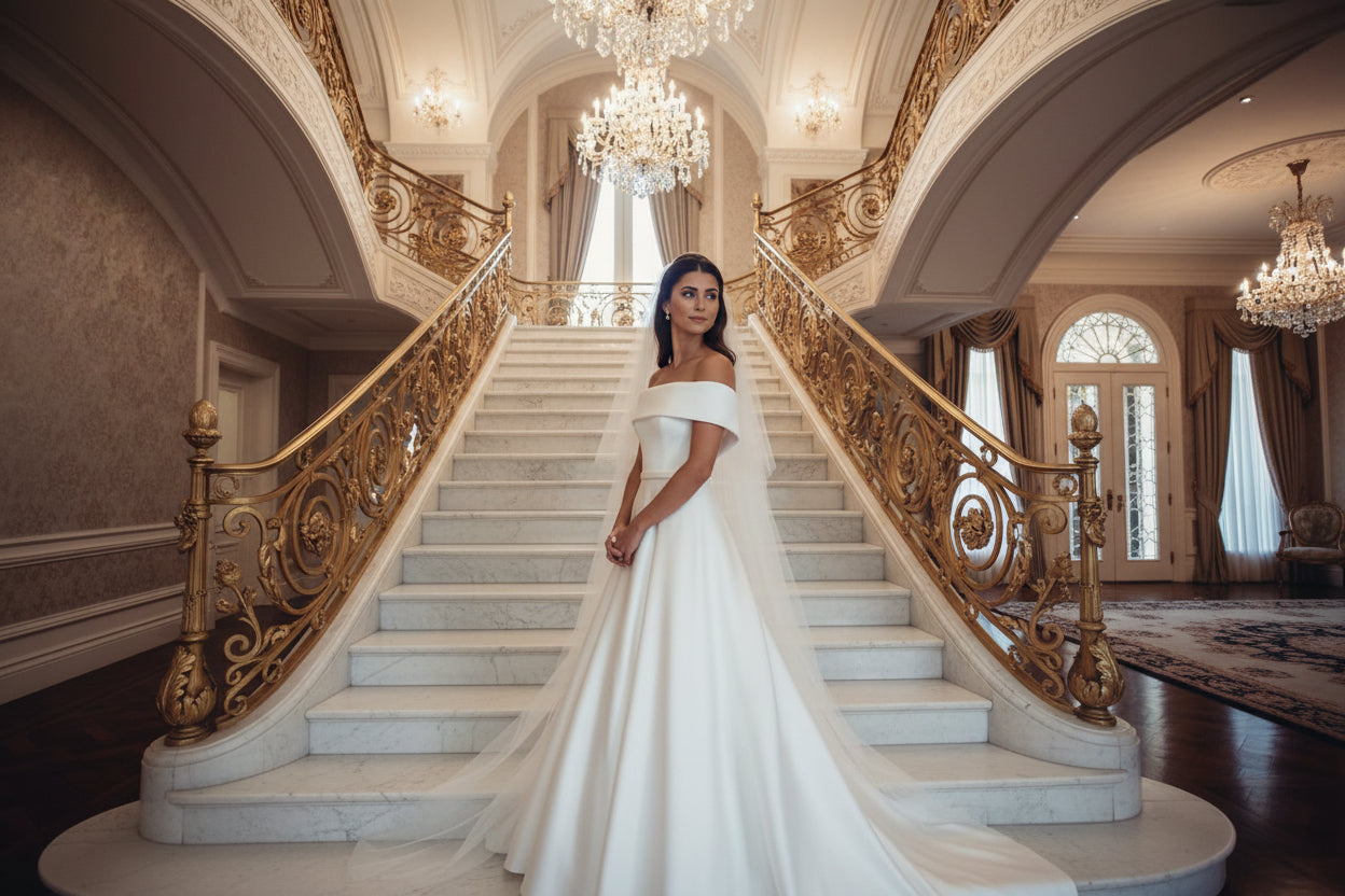 Ivory tail satin bridal gown with button back closure and flowing sweep train, back view"
I