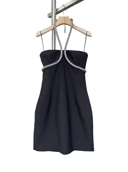 Rhinestone chain embellished strapless mini black dress 
