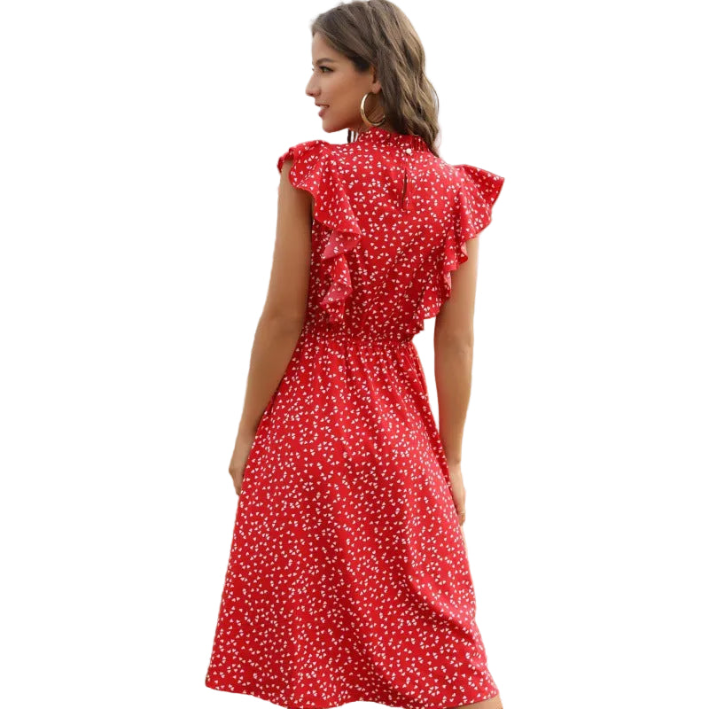 Floral chiffon midi dress women ruffle A-line summer garden party

