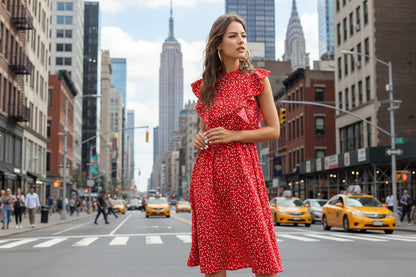 Chiffon midi dress women ruffle polka dot A-line summer casual

