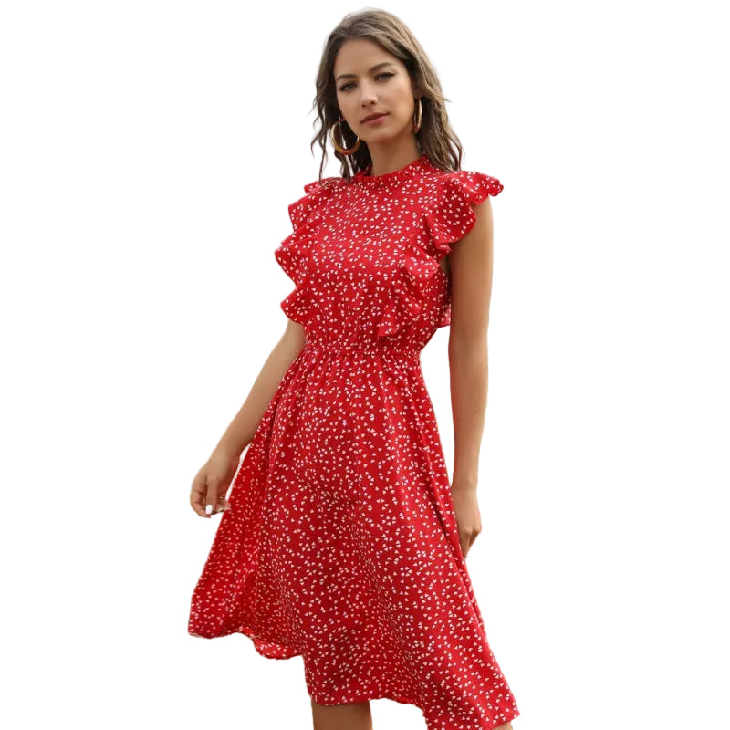 Floral ruffle midi dress women A-line summer red polka dot chiffon

