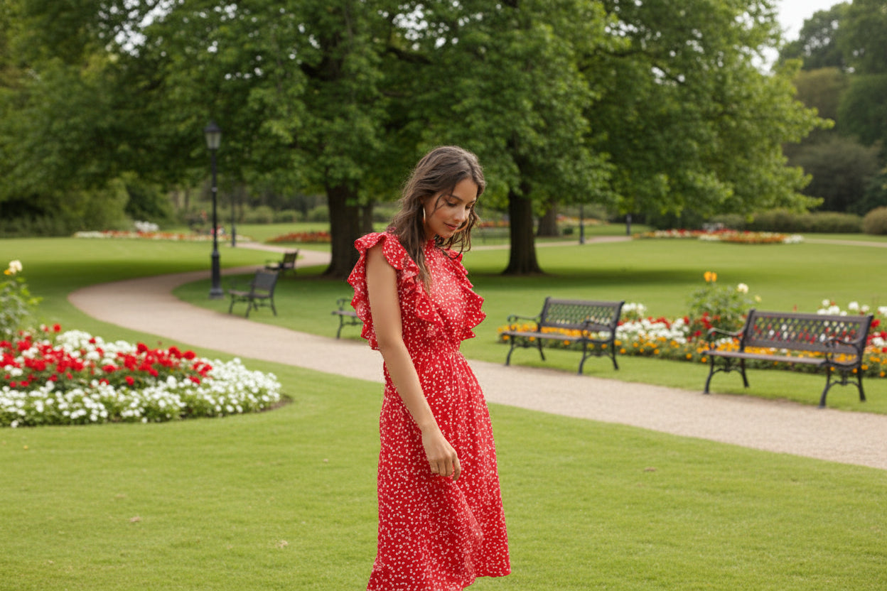 Women's polka dot ruffle midi dress A-line chiffon summer dress



