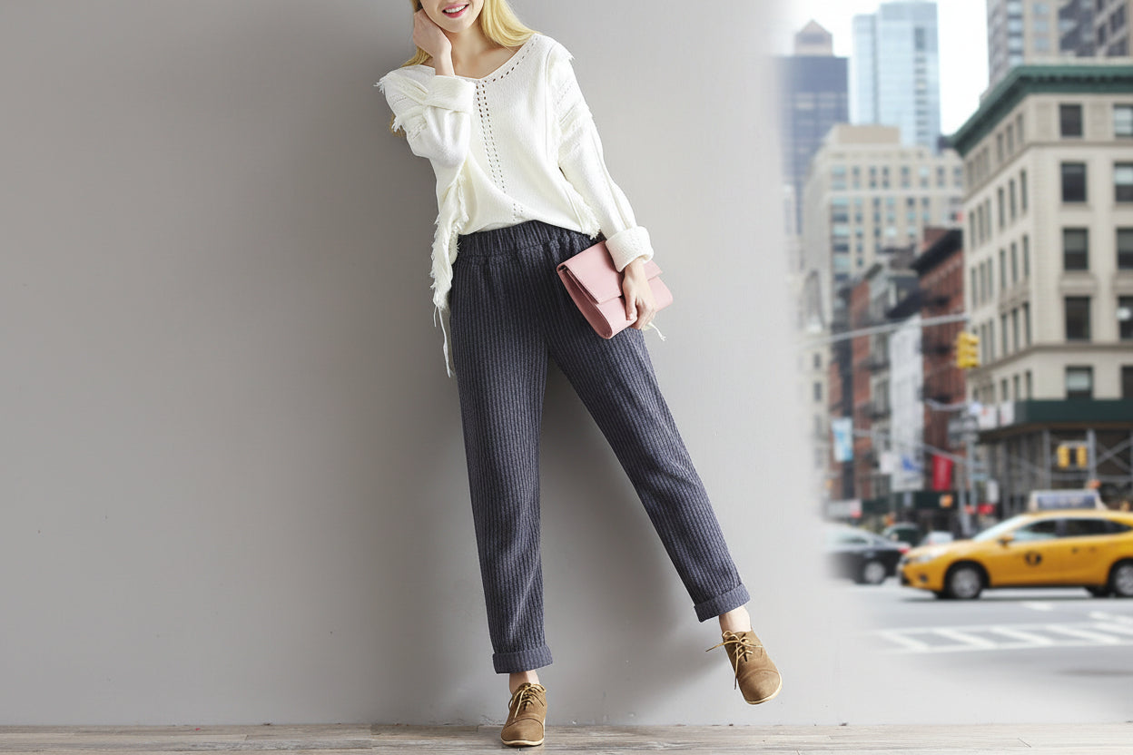 Women's corduroy pants detail showing soft fabric texture and fit

