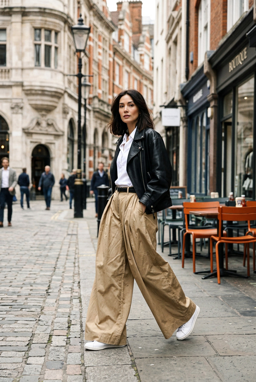A person wearing wide-leg tan pants with pleats, a black leather jacket, and a white top, standing on a stone sidewalk near outdoor cafe tables.