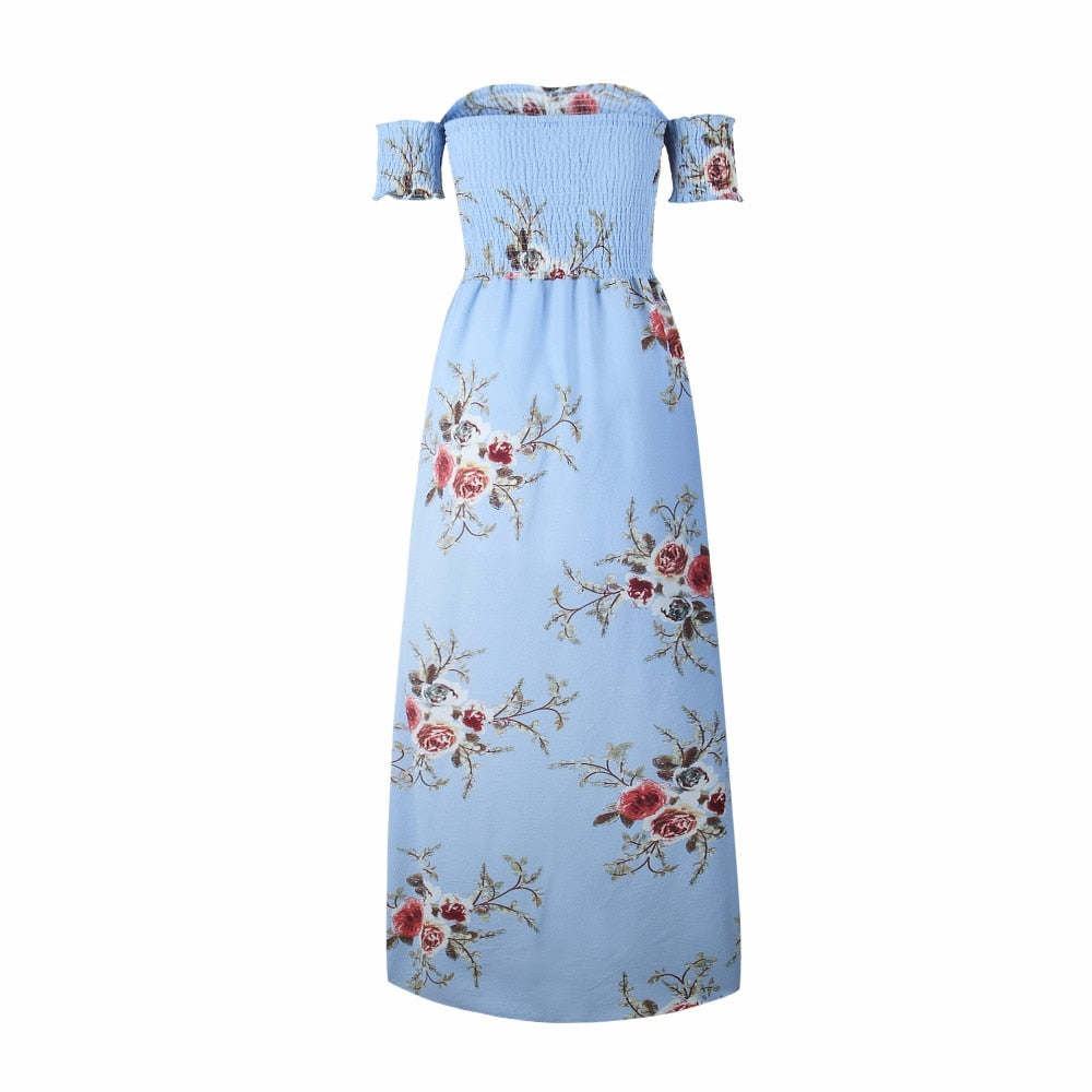Blue floral off-shoulder dress