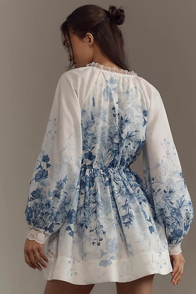 blue floral print puff sleeve casual dress
