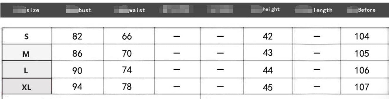 Size chart with measurements for bust, waist, height, and length.