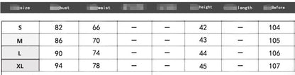 Size chart with measurements for bust, waist, height, and length.