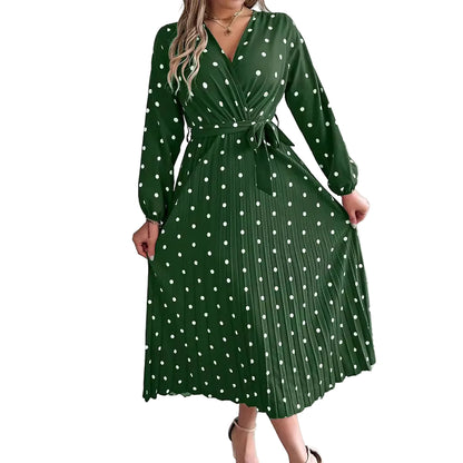 Long sleeve polka dot contrast maxi dress in green – front view, high waist pleated skirt and V-neck detail
