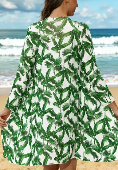High-Elasticity Tropical Palm Print Swimsuit Set with Long Flowing Kimono Cover-Up and Mini Shorts
