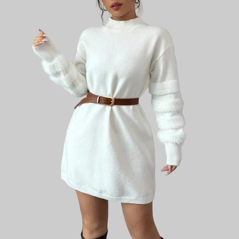White sweater dress with a brown belt for cold days 