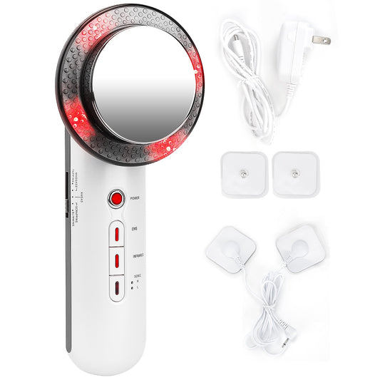 White electronic device with red light, control panel, and attachments
