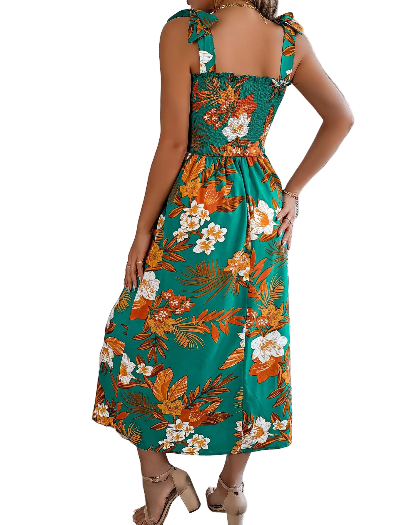  floral print smocked midi dress with tie straps 
