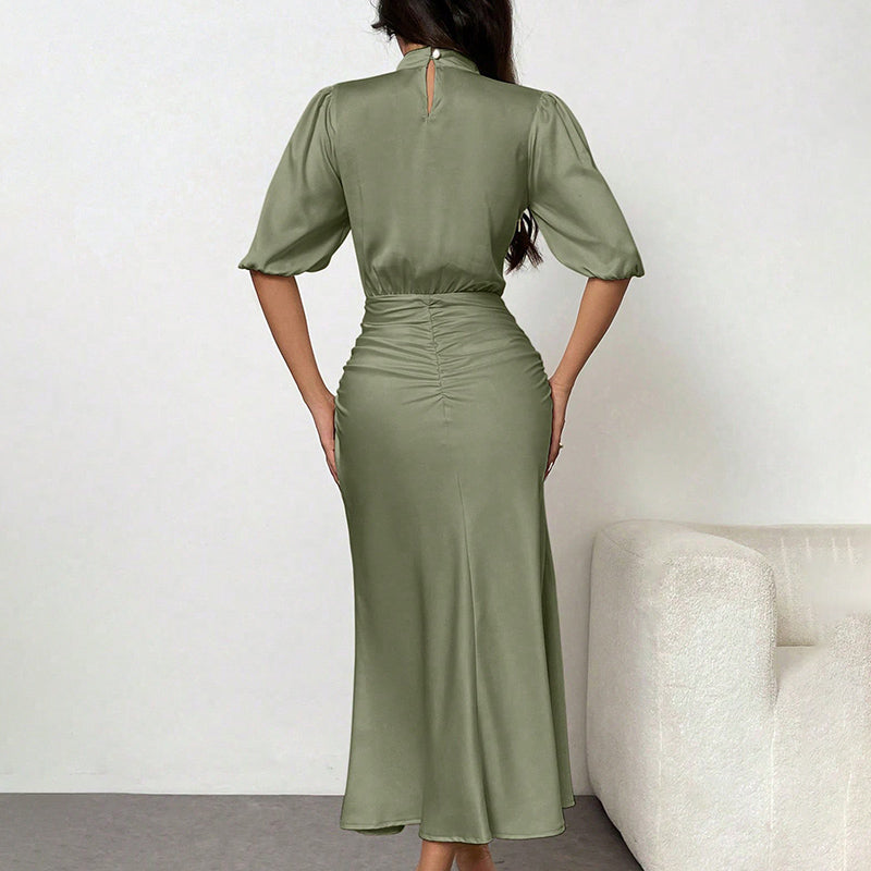 Ruched Satin Mock Neck Midi Dress – view 4