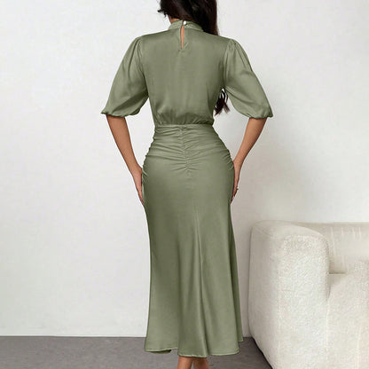 Ruched Satin Mock Neck Midi Dress