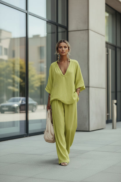 Curvy fashion loose tee and casual pants set in green 
