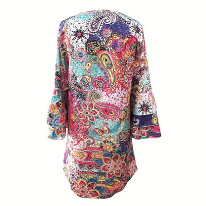 Multicolor Paisley Abstract Floral Print V-Neck Mini Dress with Wide Flare Cuffs and Pockets
