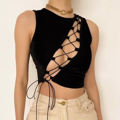 Lace-Up Cutout Crop Top Edgy Black Tank dress from Uplift Luxe