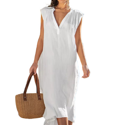 V-neck high waist A-line midi dress in white – side view showing pleated skirt length and silhouette
