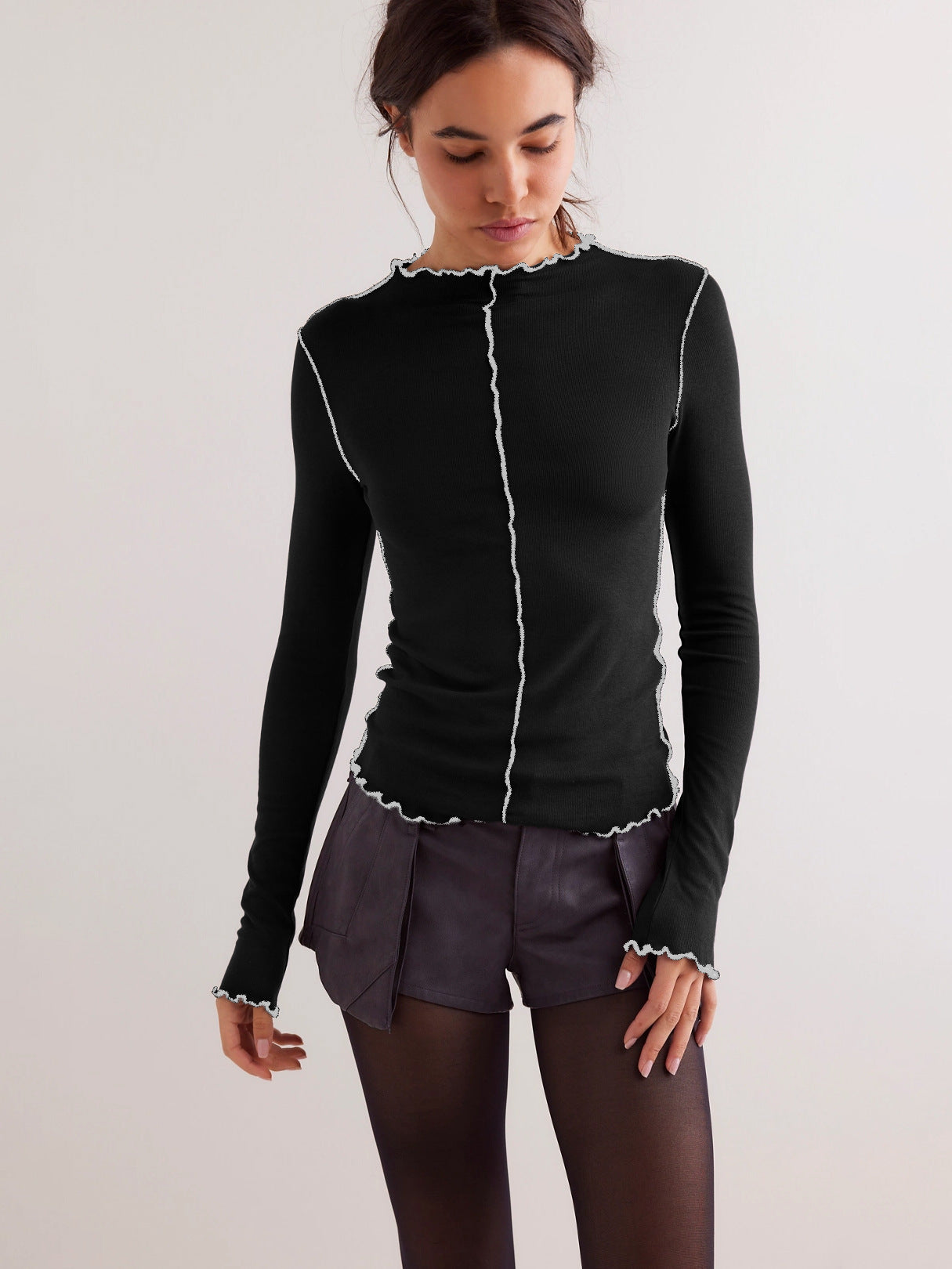 
Black fitted long sleeve top with white contrast trim - ribbed crew neck shirt for women

