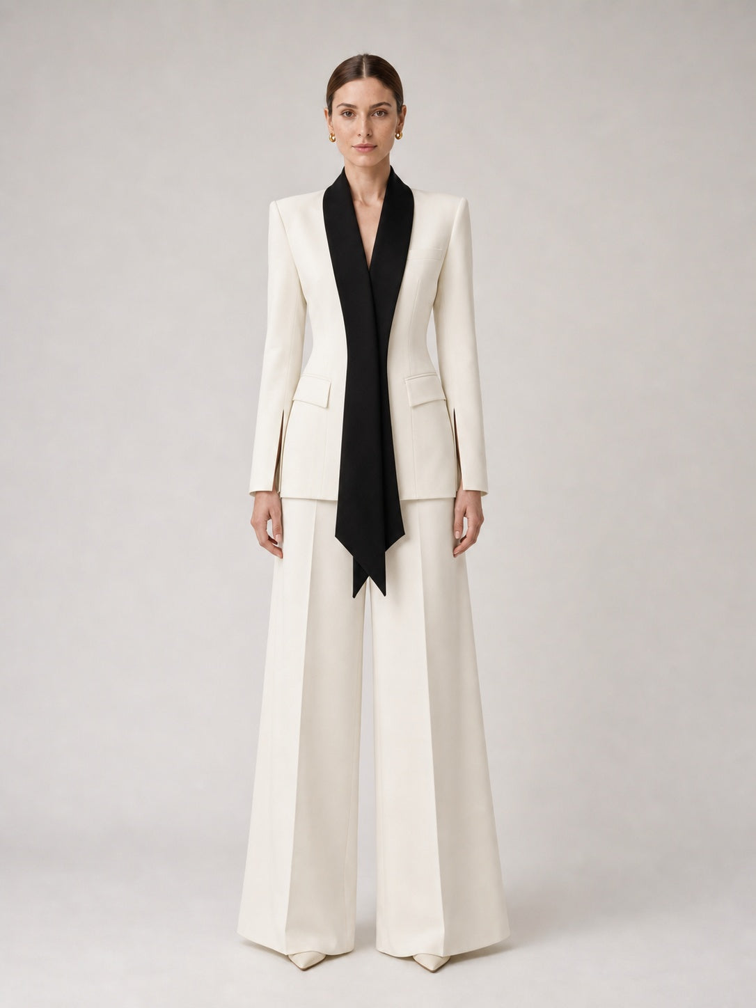 Cream 2 Piece Suit Black Scarf Lapel Blazer & Wide Leg Pants in Cream