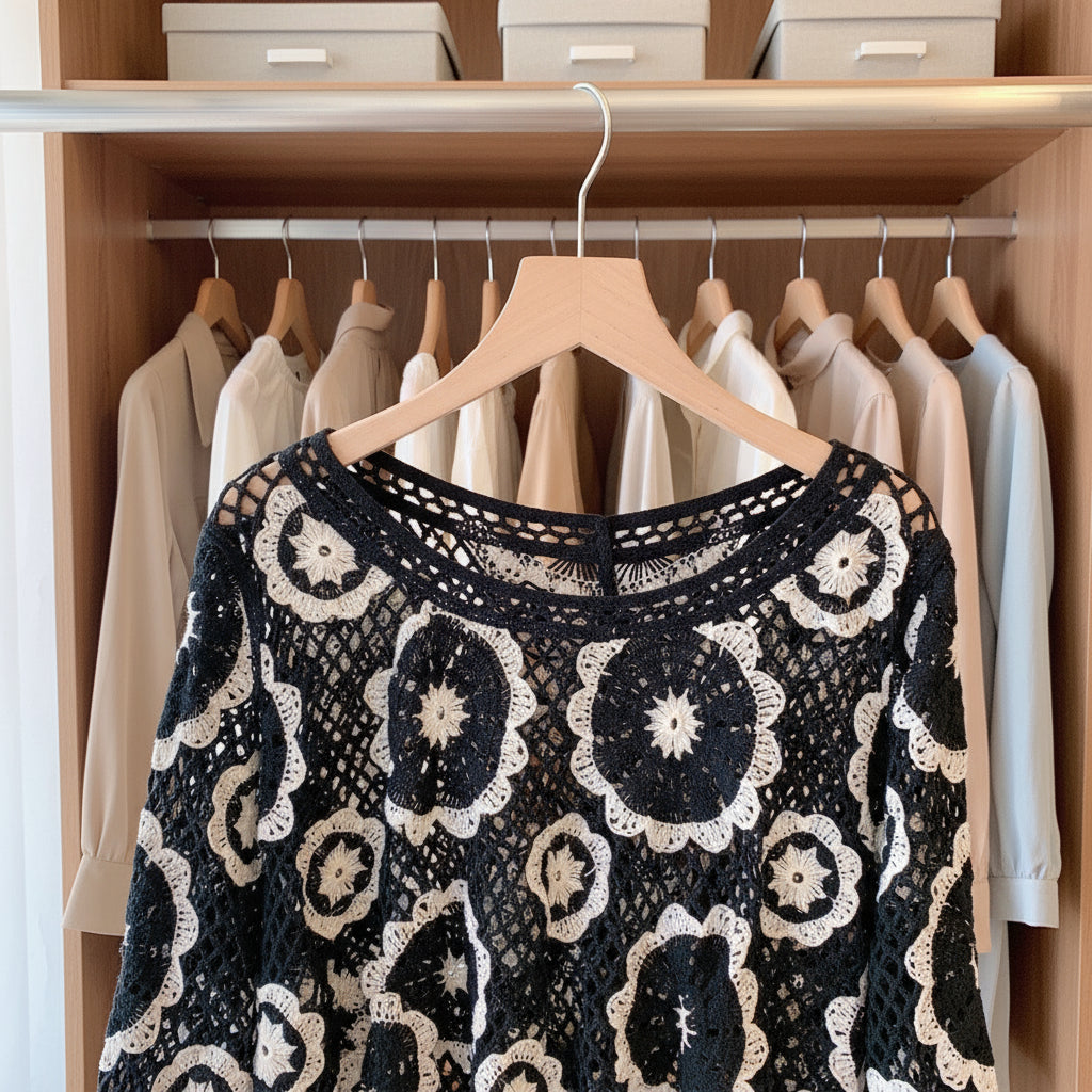 Black crochet lace yoke pullover with intricate geometric pattern detail