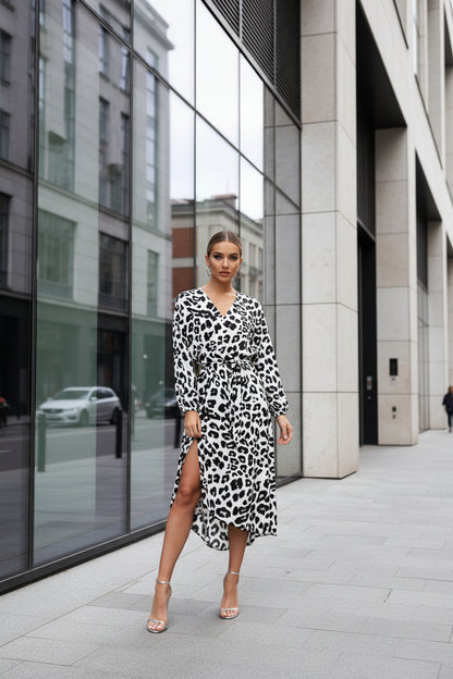 White leopard print wrap dress with high waist and asymmetric skirt
