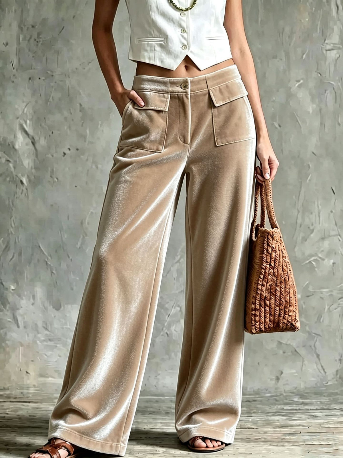 Autumnwinter Elegant Solid-color Velvet Trousers in Apricot